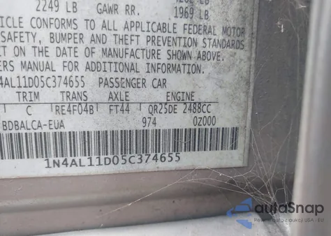 2005 Nissan Altima 2.5 S из США, поврежденный, VIN 1N4AL11D05C374655